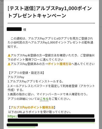アルプスPay1,000ポイントプレゼントキャンペーンにおけるメール画面のスクリーンショット