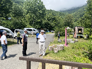 駐車場の周りの草むらを見ている人たちの写真