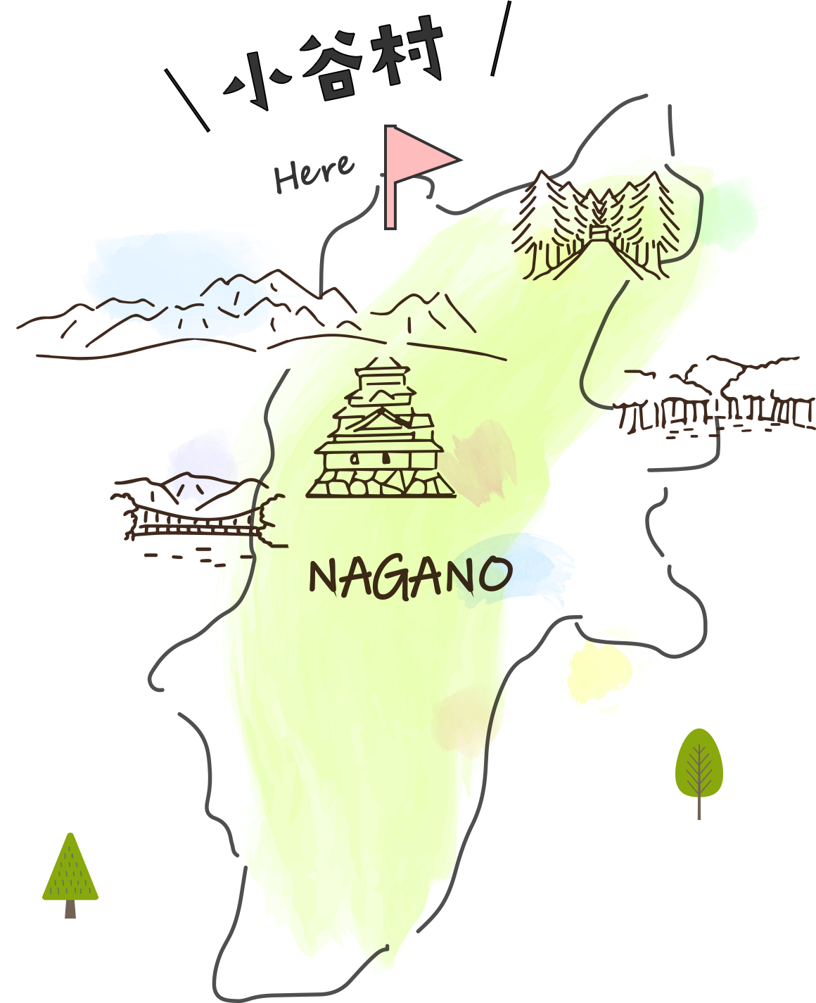 手書き風の長野県イラストマップ。中央の松本城や周囲の山並みに加え、最北部に「小谷村」の文字と現在地を示す旗が描かれている
